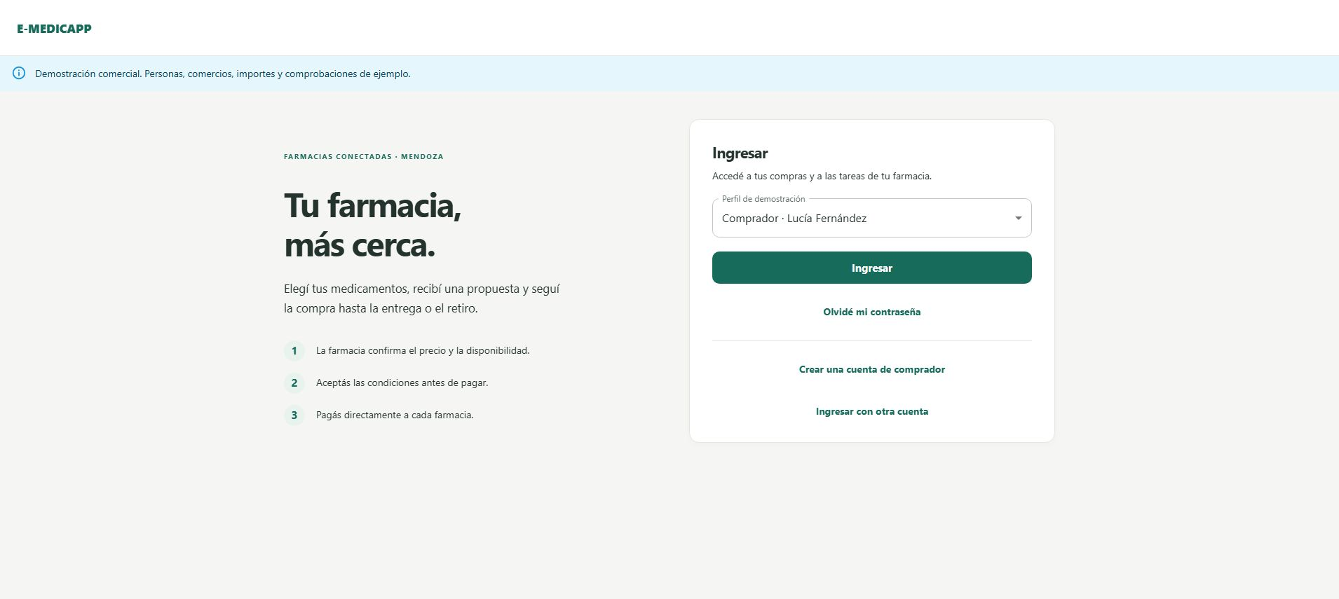 Vista de E-MEDICAPP, la aplicación de compras y gestión para farmacias