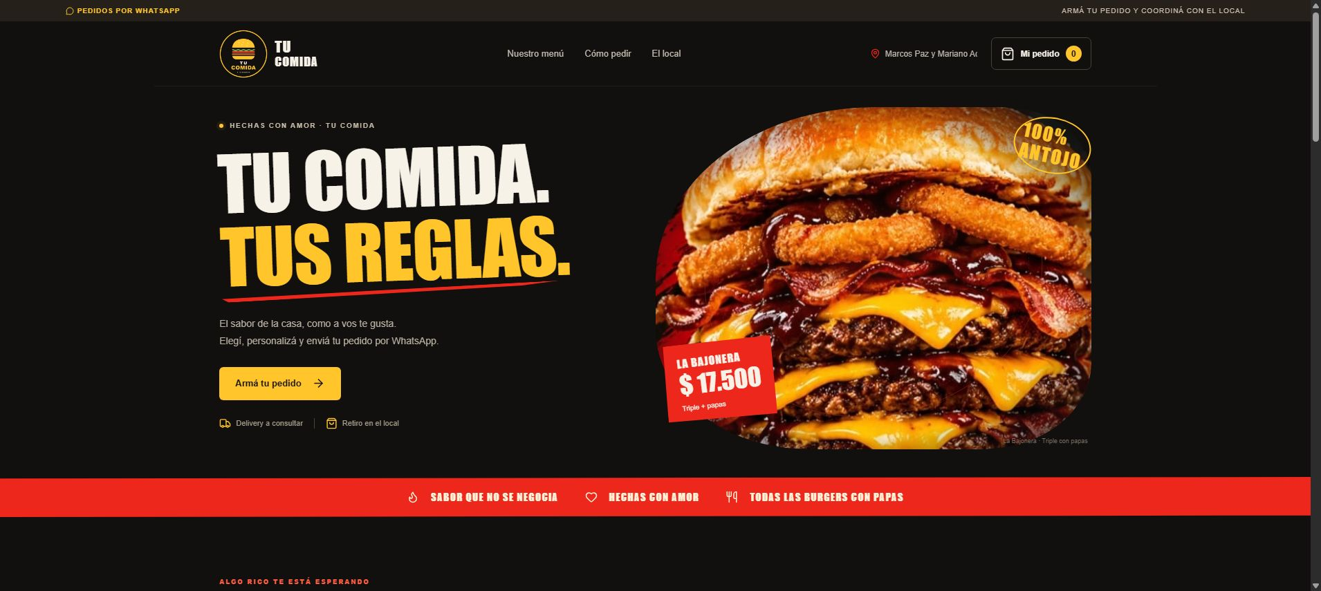 Vista del catálogo de Tu Comida, con su menú de hamburguesas y personalización de pedidos